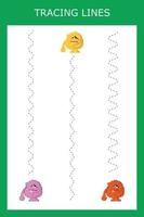 Trace line worksheet with monsters  for kids, practicing fine motor skills.  Educational game for preschool children. vector