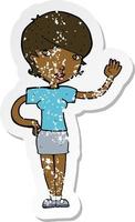 retro distressed sticker of a cartoon woman waving vector