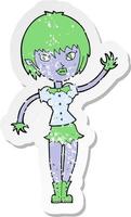 retro distressed sticker of a cartoon vampire girl vector