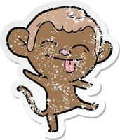 distressed sticker of a funny cartoon monkey dancing vector