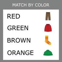 conectar el nombre del color y el carácter de la ropa. juego de lógica para niños. vector