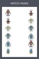 Find a pair or match game with robots.  Worksheet for preschool kids, kids activity sheet, printable worksheet vector