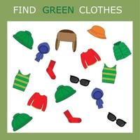 encuentra el personaje de ropa verde entre otros. buscando verde. juego de lógica para niños. vector