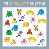 encuentra el personaje del monstruo amarillo entre otros. buscando amarillo. juego de lógica para niños. vector