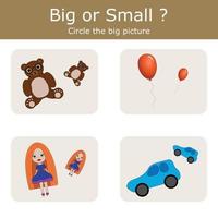 Sort  toys into large and small. An example of the opposite word antonym for a child vector