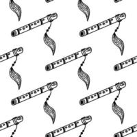 Pimak flute seamless vector pattern. Hand drawn wooden musical instrument decorated with feathers, beads. Indian pipe isolated on white background. Monochrome backdrop for web, wrapping