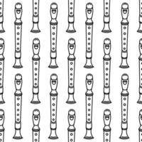 Block flute seamless vector pattern. Hand drawn wooden or metal musical instrument. Pipe, clarinet isolated on white backdrop. Device for classical melodies, folk. Black and white background