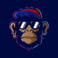 divertida línea de mono funky. logotipo de arte pop. diseño colorido con fondo oscuro. ilustración vectorial abstracta. fondo negro aislado para camiseta, afiche, ropa, merchandising, ropa, diseño de placa vector