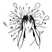 hand drawn of Girl with anxiety touch head surrounded by think Mental disorder and chaos in consciousness, finding answers, confusion concept. vector