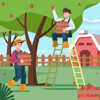 recogiendo manzanas en el jardín vector