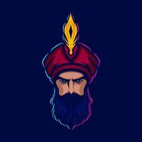 sultan arabian king logo vector line neon art potrait diseño colorido con fondo oscuro. ilustración gráfica abstracta. fondo negro aislado para camiseta