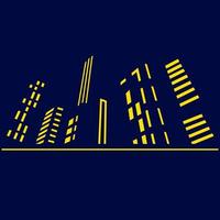 City town night lights line art design skyline with buildings, towers. Cityscape glowing neon, architecture vector illustration.