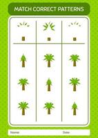 Match pattern game with palm tree. worksheet for preschool kids, kids activity sheet vector