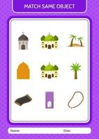 combinar con el mismo icono de Ramadán del juego de objetos. hoja de trabajo para niños en edad preescolar, hoja de actividades para niños vector