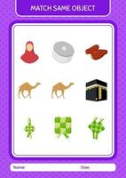 combinar con el mismo icono de Ramadán del juego de objetos. hoja de trabajo para niños en edad preescolar, hoja de actividades para niños vector