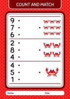 Count and match game with crab. worksheet for preschool kids, kids activity sheet vector
