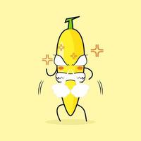 cute banana character with angry expression. nose blowing smoke, eyes bulging and grinning. green and yellow. suitable for emoticon, logo, mascot vector