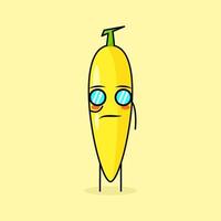 cute banana character with cool expression and eyeglasses. green and yellow. suitable for emoticon, logo, mascot or sticker vector