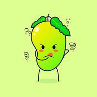 lindo personaje de mango con expresión de pensamiento y mano colocada en la barbilla. verde y naranja. adecuado para emoticonos, logotipos, mascotas vector
