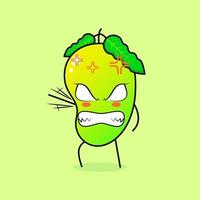 cute mango character with angry expression. green and orange. suitable for emoticon, logo, mascot. one hand raised, eyes bulging and grinning vector