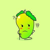 cute mango character with thinking expression and sit down. green and orange. suitable for emoticon, logo, mascot vector