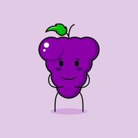 lindo personaje de uva con sonrisa y expresión feliz, ambas manos en el estómago. verde y morado. adecuado para emoticonos, logotipos, mascotas e iconos vector