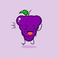 cute grape character with smile and happy expression, jump, close eyes and mouth open. green and purple. suitable for emoticon, logo, mascot and icon vector