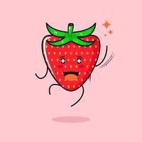 cute red apple character with smile and happy expression, jump, one hand up, mouth open and sparkling eyes. green and red. suitable for emoticon, logo, mascot and icon vector