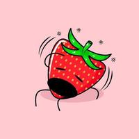 cute strawberry character with dizzy expression, mouth open, sit down and one hand on head. green and red. suitable for emoticon, logo, mascot and icon vector