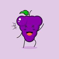 lindo personaje de uva con sonrisa y expresión feliz, ojos cerrados y una mano arriba. verde y morado. adecuado para emoticonos, logotipos, mascotas e iconos vector