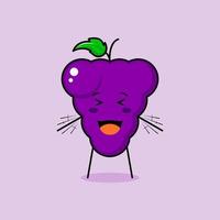 lindo personaje de uva con sonrisa y expresión feliz, ojos cerrados, boca abierta y ambas manos temblando. verde y morado. adecuado para emoticonos, logotipos, mascotas e iconos vector