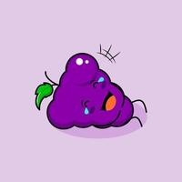 cute grape character with smile and happy expression, lie down, close eyes and tears. green and purple. suitable for emoticon, logo, mascot and icon vector