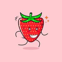 cute strawberry character with happy expression, sparkling eyes, run and smiling. green and red. suitable for emoticon, logo, mascot and icon vector