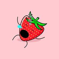 cute strawberry character with sleep expression, lie down, close eyes and mouth open. green and red. suitable for emoticon, logo, mascot and icon vector