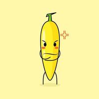 lindo personaje de plátano con expresión enojada. verde y amarillo. adecuado para emoticono, logo, mascota. una mano en la barbilla