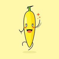 lindo personaje de plátano con sonrisa y expresión feliz, salto, una mano arriba, boca abierta y ojos brillantes. verde y amarillo. adecuado para emoticonos, logotipos, mascotas e iconos vector