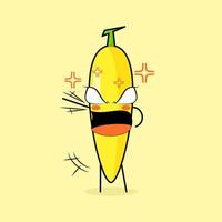 cute banana character with angry expression. green and yellow. suitable for emoticon, logo, mascot. one hand raised, eyes bulging and mouth wide open vector