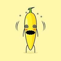 lindo personaje de plátano con expresión mareada y ojos rodantes. verde y amarillo. adecuado para emoticonos, logotipos, mascotas e iconos vector