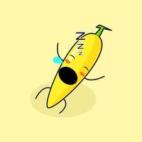 lindo personaje de plátano con expresión de sueño, acostarse, cerrar los ojos y abrir la boca. verde y amarillo. adecuado para emoticonos, logotipos, mascotas e iconos vector