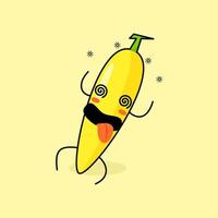 cute banana character with dizzy expression, rolling eyes, lie down and tongue sticking out. green and yellow. suitable for emoticon, logo, mascot and icon vector