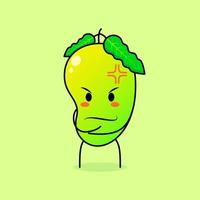 lindo personaje de mango con expresión enojada. verde y naranja. adecuado para emoticonos, logo, mascota. una mano en la barbilla vector