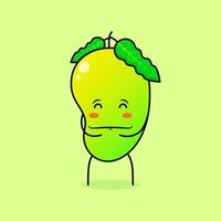 lindo personaje de mango con sonrisa y expresión feliz, ojos cerrados, ambas manos en el estómago y sonriendo. verde y naranja. adecuado para emoticonos, logotipos, mascotas e iconos vector