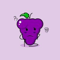 lindo personaje de uva con expresión de pensamiento y sentarse. verde y morado. adecuado para emoticonos, logotipos, mascotas vector