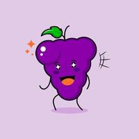 lindo personaje de uva con sonrisa y expresión feliz, boca abierta y ojos brillantes. verde y morado. adecuado para emoticonos, logotipos, mascotas e iconos vector