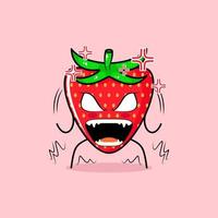 cute strawberry character with angry expression. eyes bulging and mouth wide open. green and red. suitable for emoticon, logo, mascot vector