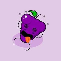 cute grape character with dizzy expression, rolling eyes, lie down and tongue sticking out. green and purple. suitable for emoticon, logo, mascot and icon vector