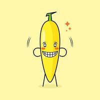 lindo personaje de plátano con sonrisa y expresión feliz, ojos brillantes y sonriente. verde y amarillo. adecuado para emoticonos, logotipos, mascotas e iconos vector