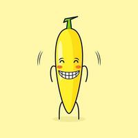 lindo personaje de plátano con sonrisa y expresión feliz, ojos cerrados y sonriente. verde y amarillo. adecuado para emoticonos, logotipos, mascotas e iconos vector