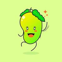 lindo personaje de mango con sonrisa y expresión feliz, salto, una mano arriba, boca abierta y ojos brillantes. verde y naranja. adecuado para emoticonos, logotipos, mascotas e iconos vector