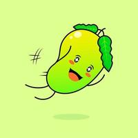 lindo personaje de mango con sonrisa y expresión feliz, mosca de salto, boca abierta y ojos brillantes. verde y naranja. adecuado para emoticonos, logotipos, mascotas e iconos vector